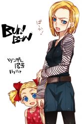 Rule 34 | 2girls, age difference, android 18, belt, blonde hair, blue eyes, bow, bunbun, child, dragon ball, dragonball z, dress, earrings, jewelry, marron (dragon ball), mature female, mother and daughter, multiple girls, pantyhose, pencil skirt, short hair, skirt, tsundere