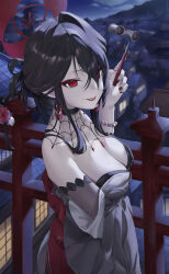 Rule 34 | 1girl, absurdres, black hair, blue archive, breasts, cleavage, fingernails, grey kimono, hair ornament, hair stick, halo, highres, holding, japanese clothes, kimono, kokuriko (blue archive), lips, long hair, medium breasts, nail polish, night, open mouth, opera glasses, outdoors, red eyes, red halo, red nails, renge (730), smile, solo
