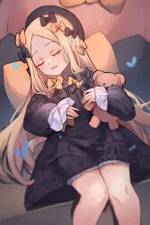 Rule 34 | 1girl, abigail williams (fate), black bow, black dress, black hat, blonde hair, bow, breasts, closed eyes, dress, fate/grand order, fate (series), forehead, hat, highres, long hair, long sleeves, miya (miyaruta), open mouth, orange bow, parted bangs, sleeping, small breasts, smile, solo, stuffed animal, stuffed toy, teddy bear, thighs