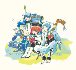 Rule 34 | 1girl, 3boys, ahoge, armor, beads, blue hair, bodypaint, book, boots, capelet, chaldea uniform, crescent, crescent necklace, cu chulainn (caster) (fate), cu chulainn (fate), cu chulainn (fate) (all), cu chulainn (fate/prototype), cu chulainn (fate/stay night), dated, detached sleeves, earrings, fate/grand order, fate/prototype, fate (series), fujimaru ritsuka (female), fur, fur-trimmed hood, fur trim, gloves, grass, greaves, hair beads, hair ornament, happy, harem pants, hood, hood down, hooded capelet, jewelry, long hair, looking at another, mochi nori, multiple boys, multiple persona, necklace, orange hair, pants, pantyhose, polearm, ponytail, red eyes, ribbed shirt, shirt, short hair, side ponytail, sitting, smoke, smoking, spear, spiked hair, squatting, toeless legwear, type-moon, vambraces, weapon