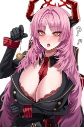 Rule 34 | 1girl, ?, absurdres, between breasts, black gloves, blondy (ldlong), blue archive, blush, breasts, cleavage, coin, coin on string, eyeliner, gloves, halo, heart, heart-shaped pupils, highres, horns, large breasts, long hair, makeup, mole, mole on breast, necktie, necktie between breasts, open mouth, pink hair, saliva, satsuki (blue archive), simple background, solo, sweat, symbol-shaped pupils, teeth, tongue, very long hair, white background, yellow eyes