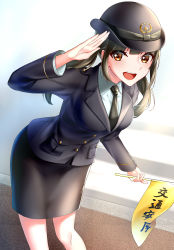 Rule 34 | 1girl, :d, absurdres, black hair, black hat, black jacket, black necktie, black skirt, breasts, brown eyes, collared shirt, commentary request, flag, hat, highres, holding, holding flag, jacket, leaning forward, long hair, long sleeves, looking at viewer, medium breasts, necktie, open mouth, original, pencil skirt, police, police uniform, policewoman, round teeth, rukinya (nyanko mogumogu), shirt, skirt, smile, solo, teeth, translation request, twintails, uniform, upper teeth only, white shirt