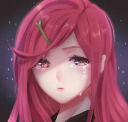 Rule 34 | 1girl, black background, brown eyes, closed mouth, commentary request, crying, crying with eyes open, expressionless, hair ornament, hairclip, lanmei jiang, light particles, long hair, looking at viewer, ming wei aiqing de chibang, pink hair, portrait, solo, swept bangs, tears
