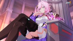 Rule 34 | 1girl, armor, black thighhighs, blue eyes, breasts, bright pupils, cleavage, closed mouth, crossed legs, elysia (honkai impact), elysia (miss pink elf) (honkai impact), faulds, game cg, gloves, hair ornament, hand to own mouth, highres, honkai (series), honkai impact 3rd, indoors, large breasts, long hair, official art, partially fingerless gloves, pink hair, pointy ears, short shorts, shorts, sitting, solo, thighhighs, throne