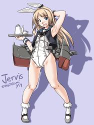 Rule 34 | 1girl, :d, animal ears, arm up, armpits, black bow, black vest, blonde hair, blue eyes, blue sailor collar, blush, bow, character name, cup, dated, fake animal ears, grey footwear, holding, holding tray, jervis (kancolle), kantai collection, legs apart, leotard, long hair, looking at viewer, mary janes, nose blush, open clothes, open mouth, open vest, playboy bunny, purple background, rabbit ears, sailor collar, shadow, shoes, simple background, sleeveless, smile, socks, solo, straight hair, tareme, tatsumi ray, teacup, teapot, tray, twitter username, vest, white leotard, white socks, wrist cuffs