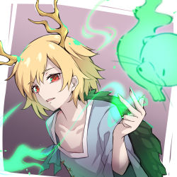 Rule 34 | 1girl, antlers, arm up, blonde hair, blue shirt, collarbone, commentary request, dragon girl, dragon horns, dragon tail, fingernails, flat chest, gradient background, gyuunyuukeepaa, highres, hitodama, horns, kicchou yachie, looking at viewer, open mouth, otter print, outside border, parted lips, red eyes, scales, sharp fingernails, shirt, short hair, short sleeves, solo, standing, tail, touhou, turtle shell, whiskers