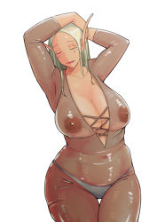 Rule 34 | 1girl, blonde hair, blush, bodysuit, breasts, cleavage, elf, hands over head, huge breasts, latex, lipstick, long ears, long hair, makeup, panties, pointy ears, see-through, supi (inner map), thick thighs, thigh gap, thighs, transparent, underwear, white hair