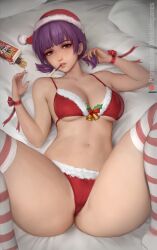 Rule 34 | 1girl, ayane (doa), bikini, breasts, christmas, dead or alive, food, fur-trimmed headwear, fur trim, large breasts, pocky, red bikini, striped clothes, striped thighhighs, swimsuit, thighhighs