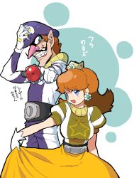 Rule 34 | 1boy, 1girl, alternate universe, blue eyes, breasts, brown hair, crown, dress, earrings, energy gun, facial hair, finger on trigger, flipped hair, flower earrings, gangsta hold, gloves, grin, hand to head, hat, head tilt, jewelry, large breasts, long hair, long nose, looking at viewer, mario (series), mario party, mario party 2, mario party 3, mini crown, mustache, nintendo, nm qi, no eyes, open mouth, outstretched arm, pointy ears, princess daisy, purple headwear, ray gun, red nose, skirt hold, smile, spacesuit, star (symbol), teeth, translation request, waluigi, weapon, white gloves