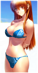 Rule 34 | 1girl, arms behind head, bikini, blue bikini, breasts, dead or alive, ebina souichi, kasumi (doa), large breasts, looking at viewer, medium breasts, orange eyes, red hair, solo, standing, swimsuit, tecmo, third-party edit, wet