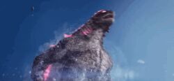 Rule 34 | aircraft, animated, animated gif, blue sky, claws, cloud, crossover, day, dinosaur, elbow blade, elbow spikes, giant, giant monster, gills, glowing, glowing eyes, glowing gills, glowing spikes, godzilla, godzilla (series), godzilla evolved, godzilla x kong: the new empire, helicopter, ice, kaijuu, king kong (series), legendary pictures, monster, monsterverse, no humans, no pupils, ocean, open mouth, pink eyes, roaring, sharp teeth, sky, snow, spikes, steam, tail, teeth, toho, tongue, water