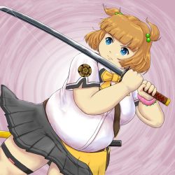 Rule 34 | 1girl, blue eyes, bracelet, breasts, brown hair, determined, fat, flower-shaped pupils, gradient background, hair bobbles, hair ornament, hasebe shikiri, highres, jewelry, katana, large breasts, pleated skirt, purple background, school uniform, shinken!!, short hair, skirt, sword, symbol-shaped pupils, thigh strap, two side up, uhihyau, weapon, wristband