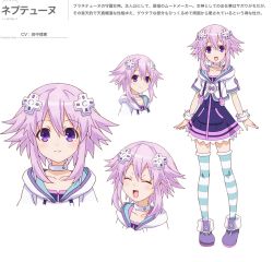 Rule 34 | 10s, 1girl, blush, closed eyes, d-pad, dress, expressions, female focus, hair ornament, hood, hoodie, jacket, neptune (neptunia), neptune (series), purple eyes, purple hair, short hair, smile, solo, striped clothes, striped thighhighs, thighhighs