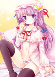 Rule 34 | 1girl, black thighhighs, blush, bra, breasts, capelet, cleavage, coat, collarbone, crescent, hair ribbon, hat, long hair, long sleeves, looking at viewer, mob cap, nikoo, open clothes, open coat, panties, patchouli knowledge, pillow, purple eyes, purple hair, ribbon, sitting, solo, striped bra, striped clothes, striped panties, thighhighs, touhou, tress ribbon, underwear, very long hair