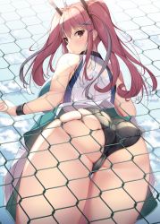 Rule 34 | 1girl, against fence, ass, ass press, azur lane, bare shoulders, black panties, bow, breasts, bremerton (azur lane), bremerton (scorching-hot training) (azur lane), chain-link fence, cloud, commentary request, cowboy shot, crop top, day, fence, from behind, from below, fukuda shuushi, grey hair, hair between eyes, hair bow, hair ornament, hairclip, heart, heart necklace, highres, jewelry, large breasts, long hair, looking at viewer, multicolored hair, necklace, open mouth, outdoors, panties, pink eyes, pink hair, shirt, sleeveless, sleeveless shirt, solo, standing, streaked hair, thighs, twintails, two-tone hair, two-tone shirt, underwear, x hair ornament