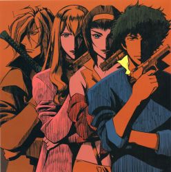 2boys 2girls cowboy_bebop faye_valentine gun highres julia_(cowboy_bebop) multiple_boys multiple_girls orange_background spike_spiegel tagme vicious_(cowboy_bebop) weapon