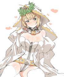 Rule 34 | 1girl, belt, blonde hair, blush, breasts, bridal veil, chain, chain necklace, cleavage, detached sleeves, elbow gloves, fate/grand order, fate (series), gloves, green eyes, heart, jewelry, large breasts, laurel crown, leotard, lock, necklace, nero claudius (bride), nero claudius (bride) (fate), nero claudius (bride) (third ascension) (fate), nero claudius (fate), nero claudius (fate) (all), rkrk, thighhighs, veil