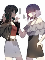 ... 2girls absurdres bang_dream! bang_dream!_it&#039;s_mygo!!!!! belt belt_buckle black_belt black_choker black_hair black_jacket black_skirt blue_eyes buckle chinese_commentary choker clothes_grab commentary_request frilled_shirt frills grey_shirt grey_skirt hand_on_own_hip hands_up haobuguniao highres jacket jacket_grab medium_hair midriff multiple_girls off-shoulder_shirt off_shoulder open_clothes open_jacket pink_eyes purple_hair red_shirt shirt short_hair sidelocks simple_background skirt spoken_ellipsis white_background yahata_umiri yuutenji_nyamu