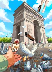 Rule 34 | 1girl, absurdres, arc de triomphe, bird, black footwear, bread, bread slice, collar, dog, feathered wings, feathers, flying, food, gabi (snegovski), high heels, highres, leash, office lady, open mouth, original, outdoors, pantyhose, patreon username, pigeon, pov hair, snegovski, too many, too many birds, torn clothes, torn pantyhose, wings