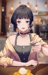 1girl :d bad_id bad_pixiv_id black_choker black_hair blue_eyes blunt_bangs blurry blurry_background breasts choker earrings feeding highres indoors jacket jewelry looking_at_viewer open_mouth original restaurant shadow short_hair sitting small_breasts smile soyubee spoon table twitter_username whipped_cream yellow_jacket