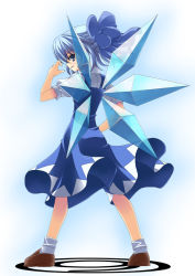Rule 34 | 1girl, blue eyes, blue hair, bow, circled 9, cirno, dress, embodiment of scarlet devil, female focus, full body, gradient background, hair bow, looking back, matching hair/eyes, profile, rappa (rappaya), short hair, socks, solo, touhou, white background, wings