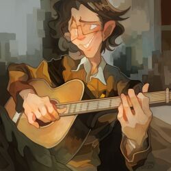 Rule 34 | 1boy, artist name, black pants, brown hair, brown shirt, glasses, grin, guitar, holding, holding instrument, instrument, liquid chris, male focus, music, pants, playing instrument, real life, shirt, short hair, smile, solo, sony-shock, striped clothes, striped shirt, teeth