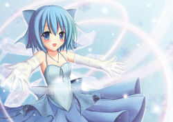 Rule 34 | 1girl, absurdres, bad id, bad pixiv id, bare shoulders, blue eyes, blue hair, bow, cirno, dress, elbow gloves, female focus, foreshortening, gloves, hair bow, highres, ice, jewelry, matching hair/eyes, necklace, outstretched arms, short hair, solo, spread arms, touhou, wings, yuzin