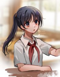 Rule 34 | 1girl, black eyes, black hair, blurry, blurry background, breasts, classroom, collared shirt, highres, looking to the side, medium breasts, neck ribbon, open mouth, original, ponytail, red ribbon, ribbon, rulacloi, school uniform, shirt, short sleeves, table, twitter username, upper body, vietnam, white shirt