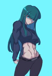 Rule 34 | 1girl, abs, arms behind back, belt, blue background, blue eyes, blue hair, highres, hime cut, kurdlez, long hair, looking at viewer, midriff, original, solo, toned
