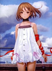 Rule 34 | 1girl, absurdres, bare shoulders, blue sky, blurry, blurry background, brown eyes, brown hair, choker, closed mouth, cloud, cowboy shot, day, depth of field, dress, highres, looking at viewer, murata range, original, outdoors, photo background, railing, red ribbon, reflection, ribbon, short dress, short hair, sky, solo, standing, string, string of fate, white dress