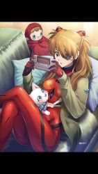 Rule 34 | 1girl, :3, ass, blue eyes, blush, bodysuit, brown hair, cat, cat on person, collaboration, copyright name, crossed legs, crossover, doll, evangelion: 3.0+1.0 thrice upon a time, eyepatch, game console, hairpods, highres, jacket, long hair, long sleeves, looking at animal, looking at another, neon genesis evangelion, official art, playing games, plugsuit, rebuild of evangelion, red bodysuit, shiny clothes, shironeko project, sitting, smile, souryuu asuka langley, track jacket, wide hips