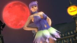 Rule 34 | 1girl, 3d, ayane (doa), breasts, clothing cutout, dead or alive, dead or alive 5, halloween, hands on own hips, large breasts, moon, navel cutout, official art, solo, tecmo