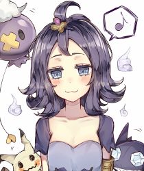 Rule 34 | 1girl, :3, acerola (pokemon), black hair, blue eyes, blush, breasts, creatures (company), drifloon, game freak, gen 3 pokemon, gen 4 pokemon, gen 7 pokemon, hair ornament, highres, kvlen, looking at viewer, mimikyu, musical note, nintendo, pokemon, pokemon (creature), pokemon sm, quaver, sableye, short hair, short sleeves, small breasts, smile, speech bubble, spoken musical note