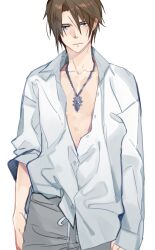 Rule 34 | 1boy, blue eyes, brown hair, buttons, collared shirt, drawstring, final fantasy, final fantasy viii, frown, highres, jewelry, light frown, male focus, necklace, nini tw99, open clothes, open shirt, oversized clothes, oversized shirt, pants, scar, scar on face, scar on forehead, serious, shirt, short hair, simple background, solo, squall leonhart, standing, sweatpants, white background, white shirt