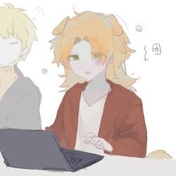 Rule 34 | 2boys, ?, animal ears, black jacket, blonde hair, brown jacket, chinese commentary, closed eyes, commentary request, computer, corot-2a490, dog boy, dog ears, eyes visible through hair, green eyes, highres, jacket, kemonomimi mode, laptop, light brown hair, long sleeves, male focus, medium hair, multiple boys, open clothes, open jacket, open mouth, orange sweater, parted bangs, saibou shinkyoku, shinano eiji, shirt, short hair, sleepy, spoken question mark, sweater, white shirt