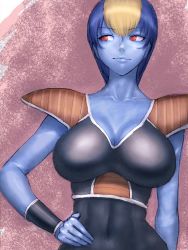 Rule 34 | 1girl, armor, blue hair, blue skin, breasts, burter, colored skin, dragon ball, dragonball z, fumio (rsqkr), genderswap, genderswap (mtf), hand on own hip, hip focus, large breasts, personification, red eyes, short hair, solo