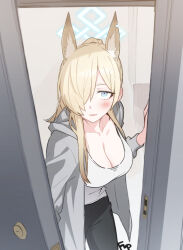 Rule 34 | 1girl, :d, alternate costume, animal ear fluff, animal ears, black pants, blonde hair, blue archive, blue eyes, breasts, casual, cleavage, collarbone, commentary request, dog ears, dog girl, doorway, extra ears, fpanda, highres, hood, hooded jacket, jacket, kanna (blue archive), large breasts, leaning forward, long hair, long sleeves, looking at viewer, open mouth, opening door, pants, parted lips, pov, pov doorway, sidelocks, signature, smile, solo, sweater jacket