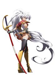 Rule 34 | 1girl, absurdly long hair, absurdres, armor, armored boots, ass, black panties, boots, fingerless gloves, full body, gloves, high ponytail, highres, holding, holding sword, holding weapon, langrisser, langrisser iii, langrisser mobile, long hair, luna (langrisser), non-web source, official art, panties, pauldrons, photoshop (medium), red eyes, sheath, sheathed, shoulder armor, simple background, smile, standing, sword, thighhighs, underwear, very long hair, weapon, white background, white hair