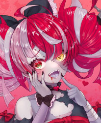 Rule 34 | 1girl, ahoge, bandaged arm, bandages, bare shoulders, black bow, black dress, black nails, blood, blood from mouth, blunt ends, bow, colored skin, colored tongue, commentary request, diamond-shaped pupils, diamond (shape), double bun, dress, fangs, fingernails, gradient eyes, green eyes, grey hair, grey skin, hair bow, hair bun, hand on own cheek, hand on own face, hands up, heart, heart-shaped eyes, heterochromia, highres, hololive, hololive indonesia, kero-san (keroooo 3), kureiji ollie, long fingernails, long hair, looking at viewer, mismatched pupils, multicolored eyes, multicolored hair, multicolored skin, nail polish, open mouth, patchwork skin, pink hair, portrait, purple tongue, red eyes, red hair, sharp fingernails, sharp teeth, solo, stitched face, stitched torso, stitches, symbol-shaped pupils, teeth, torn clothes, torn dress, two-tone skin, very long hair, virtual youtuber, white hair, white skin, x-shaped pupils, yellow eyes, zombie