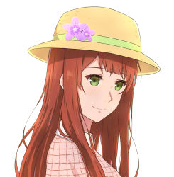 Rule 34 | 1girl, absurdres, flower, freckles, green eyes, hat, hat flower, highres, long hair, looking at viewer, luculia marlborough, red hair, simple background, solo, upper body, violet evergarden (series), white background, xvii, yellow hat