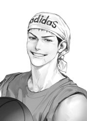 Rule 34 | 1boy, adidas, ball, bandana, basketball (object), black eyes, black hair, greyscale, highres, holding, holding ball, looking at viewer, male focus, mitsui hisashi, monochrome, nolja cz, scar, scar on chin, scar on face, shirt, short hair, simple background, slam dunk (series), sleeves rolled up, smile, solo, upper body, white background