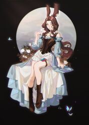Rule 34 | 1girl, animal ears, arm support, black background, black footwear, blue dress, boots, breasts, brown hair, bug, butterfly, cleavage, commentary, commission, curly hair, detached sleeves, dress, ear flower, eva smith, floral background, flower, frilled sleeves, frills, garter belt, high-low skirt, highres, holding, holding flower, insect, long hair, looking at viewer, original, parted lips, platform boots, platform footwear, rabbit ears, signature, sitting, skirt, solo, white skirt