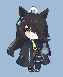 Rule 34 | 1girl, ahoge, animal ears, black gloves, black jacket, black pantyhose, black shirt, black skirt, blue background, chibi, closed mouth, collared shirt, commentary request, flask, full body, gloves, hair over one eye, highres, holding, horse ears, jacket, long hair, long sleeves, looking at viewer, manhattan cafe (umamusume), necktie, nozo (hitomiz), open clothes, open jacket, pantyhose, pleated skirt, puffy long sleeves, puffy sleeves, round-bottom flask, shirt, shoes, short necktie, simple background, skirt, sleeves past wrists, solo, star (symbol), umamusume, uwabaki, very long hair, white footwear, white hair, yellow eyes, yellow necktie