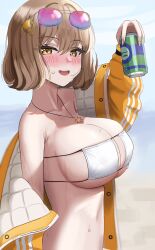 Rule 34 | 1girl, absurdres, anis (nikke), anis (sparkling summer) (nikke), bikini, blush, breasts, brown hair, can, cleavage, collarbone, eyepatch bikini, eyewear on head, goddess of victory: nikke, highres, holding, holding can, hum455, jacket, jacket partially removed, large breasts, looking at viewer, looking to the side, official alternate costume, open clothes, open jacket, outdoors, short hair, sideboob, solo, sweatdrop, swimsuit, teeth, tinted eyewear, underboob, upper body, upper teeth only, white bikini, yellow jacket