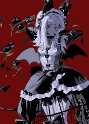 Rule 34 | 1girl, animal ears, arm behind head, black bow, black dress, black wings, bow, closed mouth, colored eyelashes, colored skin, cowboy shot, crinoline, demon girl, demon tail, demon wings, dress, flower, frilled dress, frills, grey bow, grey eyes, grey hair, grey skin, hair bow, hands up, highres, korean commentary, long hair, long sleeves, looking at viewer, maid, maid headdress, one side up, original, petals, red background, red flower, red rose, rose, sasi mozzi1, simple background, solo, standing, tail, wings
