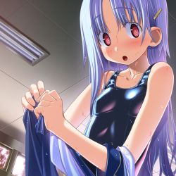 Rule 34 | 1girl, :o, blue hair, blush, flat chest, hair ornament, hairclip, long hair, one-piece swimsuit, open mouth, original, pink eyes, sakuya tsuitachi, school swimsuit, solo, swimsuit, undressing, wet