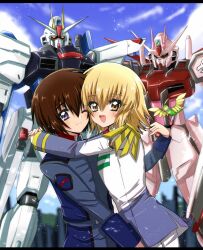 Rule 34 | 1boy, 1girl, blonde hair, blush, brother and sister, brown hair, cagalli yula athha, freedom gundam, gundam, gundam seed, gundam seed destiny, gundam seed freedom, highres, kira yamato, looking at viewer, manju5656, mecha, military, military uniform, mobile suit, purple eyes, robot, short hair, siblings, smile, strike rouge, uniform, v-fin, yellow eyes