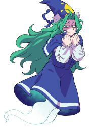 Rule 34 | 1girl, absurdres, ahoge, blue hat, blue skirt, blue vest, commentary, eddybird55555, full body, ghost tail, green eyes, green hair, hat, highres, long hair, long sleeves, mima (touhou), simple background, skirt, solo, sun print, touhou, touhou (pc-98), vest, white background