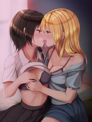 Rule 34 | 2girls, asymmetrical hair, bed, black skirt, blonde hair, blue shirt, blue skirt, blush, bra, breasts, breath, brown eyes, brown hair, cleavage, clothes lift, clothes pull, collarbone, collared shirt, commentary, cowboy shot, face-to-face, french kiss, fumei (mugendai), furrowed brow, hair between eyes, hair ribbon, heavy breathing, indoors, kiss, lace, lace-trimmed bra, lace trim, looking at another, maribel hearn, medium breasts, midriff, multiple girls, off shoulder, on bed, open mouth, ponytail, purple bra, purple eyes, ribbon, saliva, shirt, shirt lift, shirt pull, sitting, skirt, straight hair, sweat, sweatdrop, tongue, tongue out, touhou, tress ribbon, underwear, usami renko, white ribbon, white shirt, window, wing collar, yuri