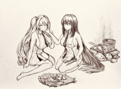 Rule 34 | 2girls, amphitrite (last origin), black hair, breasts, bucket, clam, clam shell, closed eyes, closed mouth, cooking, dirty, fish (food), grilled fish, grilling, hair ornament, hand on another&#039;s face, highres, holding, holding tongs, huge breasts, korean text, large breasts, last origin, long hair, military uniform, monochrome, multiple girls, necktie, net, one side up, salacia (last origin), seiza, siblings, sideboob, sisters, sitting, tareme, tongs, traditional media, uniform, very long hair, wariza, ysh1450